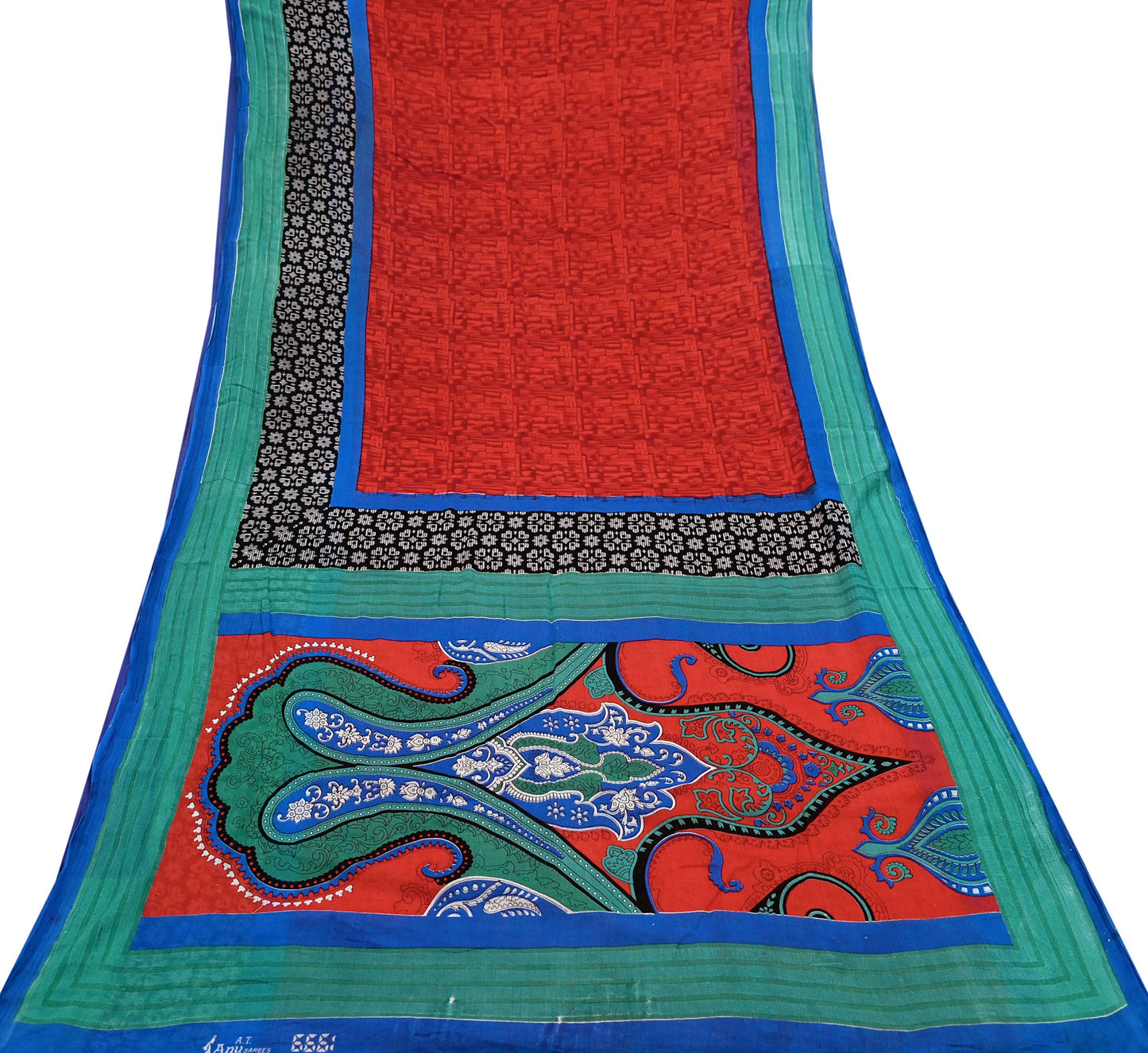 Indian Vintage Sari Red & Blue Printed 100% Pure Cotton Saree Craft Fabric 5Yard Sewing Sarong Wrap Boho Floral
