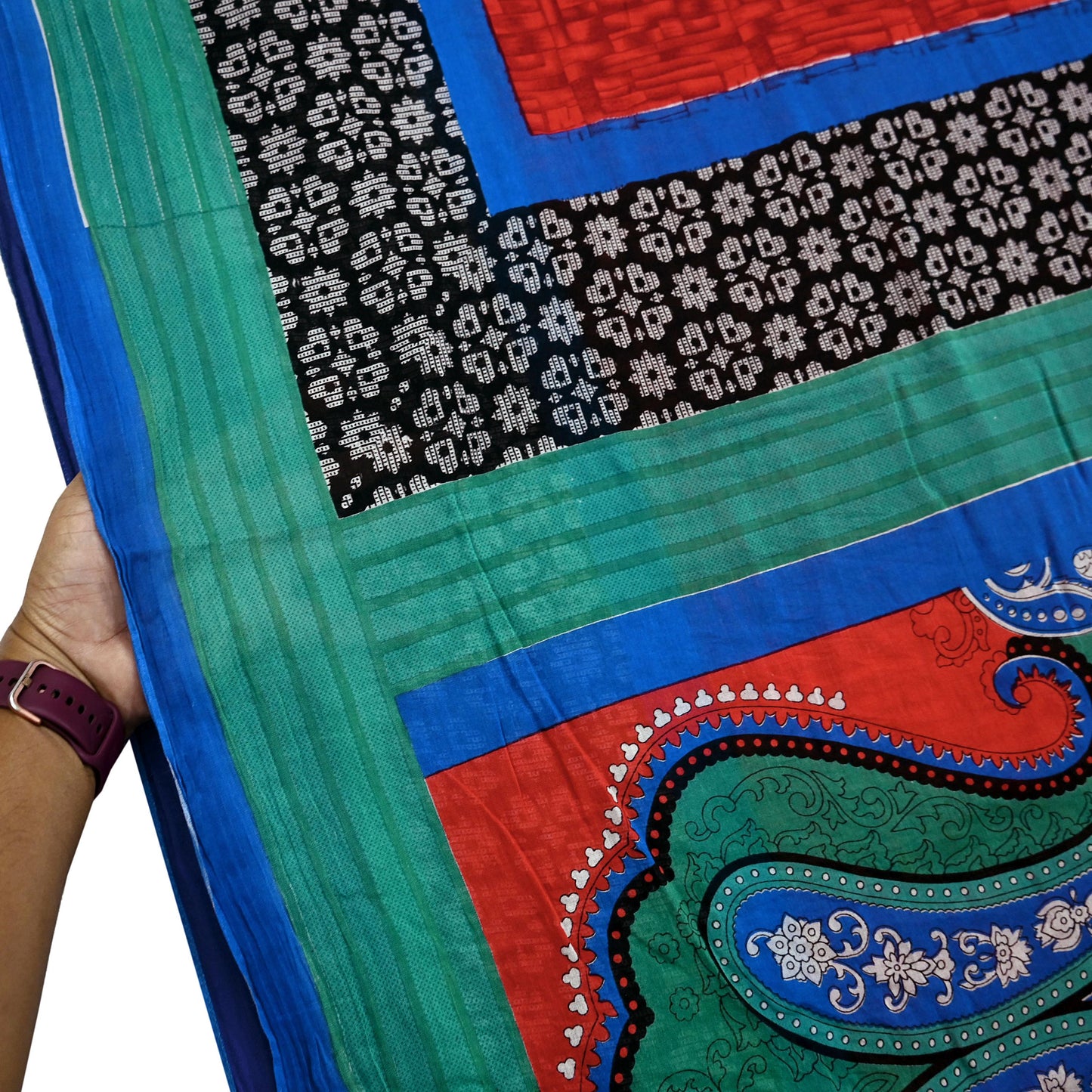 Indian Vintage Sari Red & Blue Printed 100% Pure Cotton Saree Craft Fabric 5Yard Sewing Sarong Wrap Boho Floral