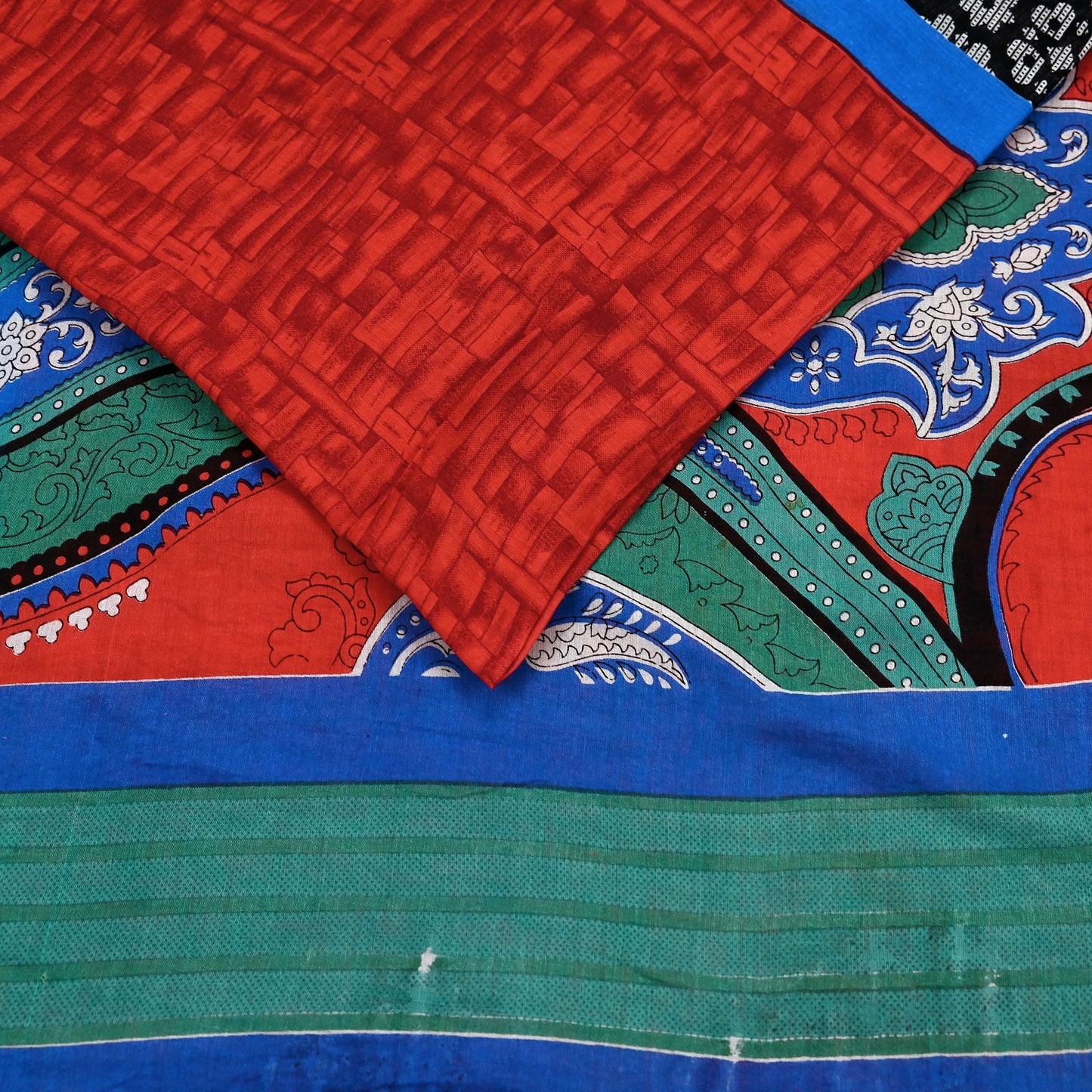 Indian Vintage Sari Red & Blue Printed 100% Pure Cotton Saree Craft Fabric 5Yard Sewing Sarong Wrap Boho Floral