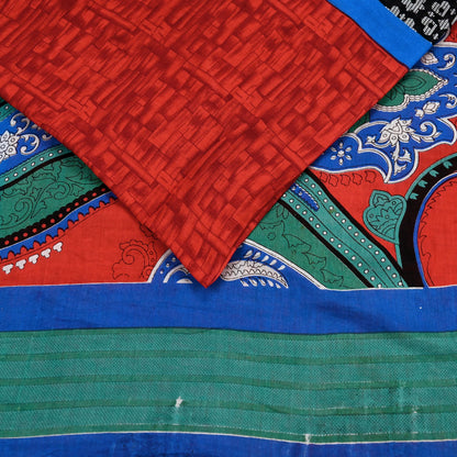 Indian Vintage Sari Red & Blue Printed 100% Pure Cotton Saree Craft Fabric 5Yard Sewing Sarong Wrap Boho Floral