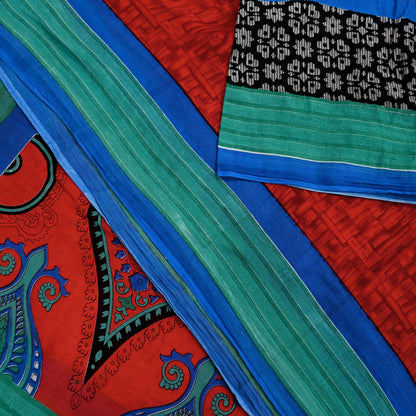 Indian Vintage Sari Red & Blue Printed 100% Pure Cotton Saree Craft Fabric 5Yard Sewing Sarong Wrap Boho Floral