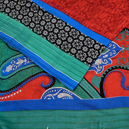 Indian Vintage Sari Red & Blue Printed 100% Pure Cotton Saree Craft Fabric 5Yard Sewing Sarong Wrap Boho Floral