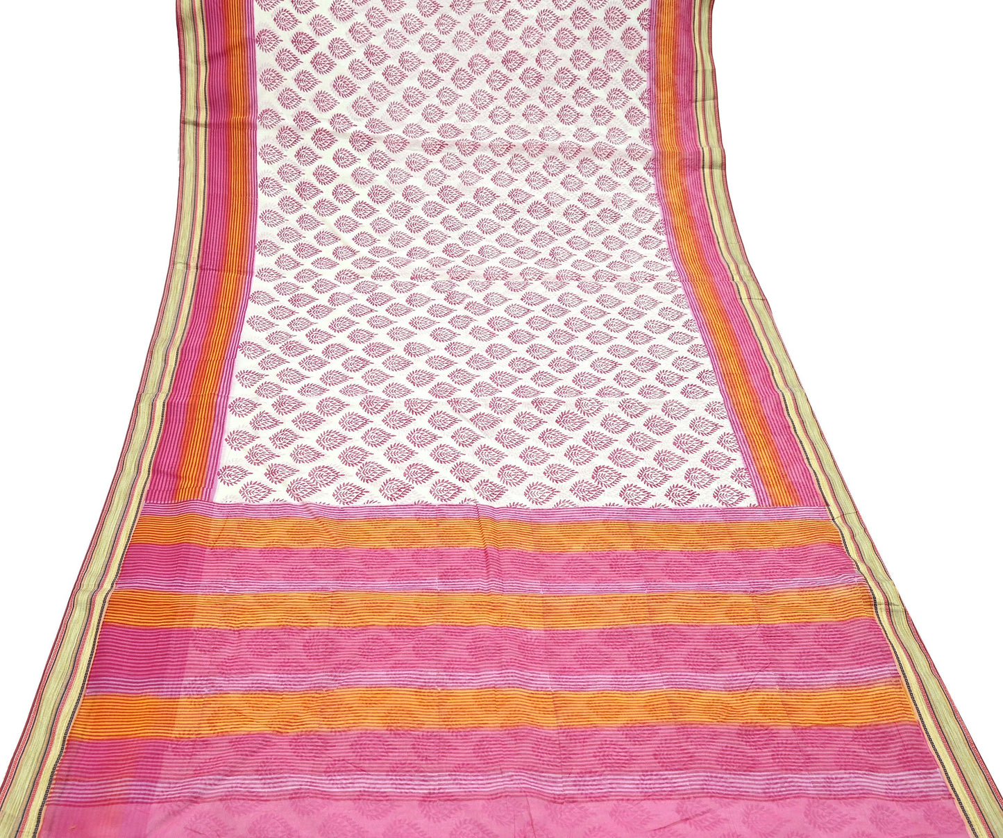 Indian Vintage Sari White & Pink Printed Pure Cotton Sarees Craft Fabric 5Yd Soft Sewing Sarong Wrap Boho Floral Quilting Dress making
