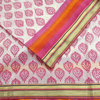 Indian Vintage Sari White & Pink Printed Pure Cotton Sarees Craft Fabric 5Yd Soft Sewing Sarong Wrap Boho Floral Quilting Dress making