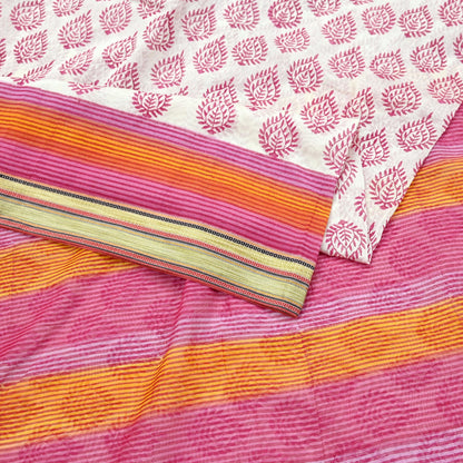 Indian Vintage Sari White & Pink Printed Pure Cotton Sarees Craft Fabric 5Yd Soft Sewing Sarong Wrap Boho Floral Quilting Dress making