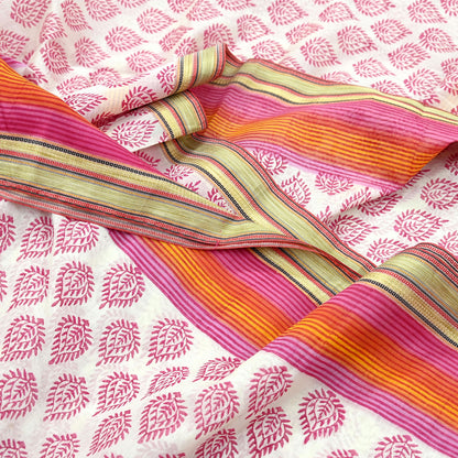 Indian Vintage Sari White & Pink Printed Pure Cotton Sarees Craft Fabric 5Yd Soft Sewing Sarong Wrap Boho Floral Quilting Dress making