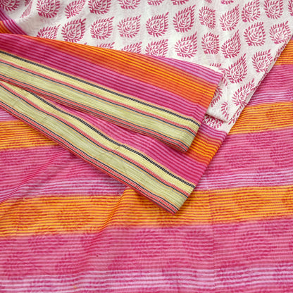Indian Vintage Sari White & Pink Printed Pure Cotton Sarees Craft Fabric 5Yd Soft Sewing Sarong Wrap Boho Floral Quilting Dress making