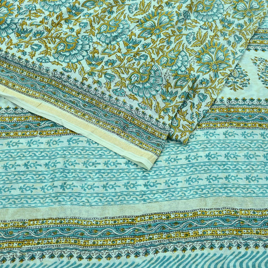 Indian Vintage White & Green Pure Chanderi Silk Saree Block Printed Floral Zari Border 5 Yards Craft Fabric for Upcycling, Dressmaking