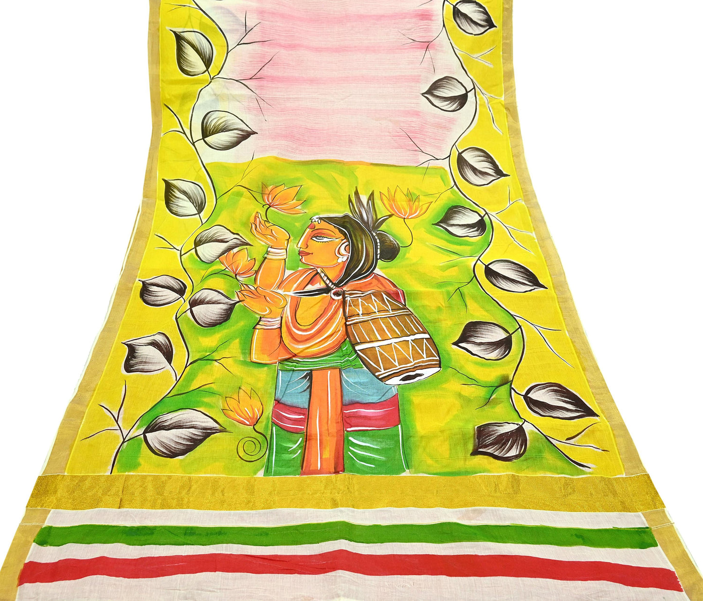 Indian Vintage Sari Hand Woven Hand Painted Sarees Pure Cotton Craft Fabric 5Yd Floral Soft Dress Making Zari Border Crafting Quilting