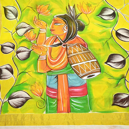 Indian Vintage Sari Hand Woven Hand Painted Sarees Pure Cotton Craft Fabric 5Yd Floral Soft Dress Making Zari Border Crafting Quilting