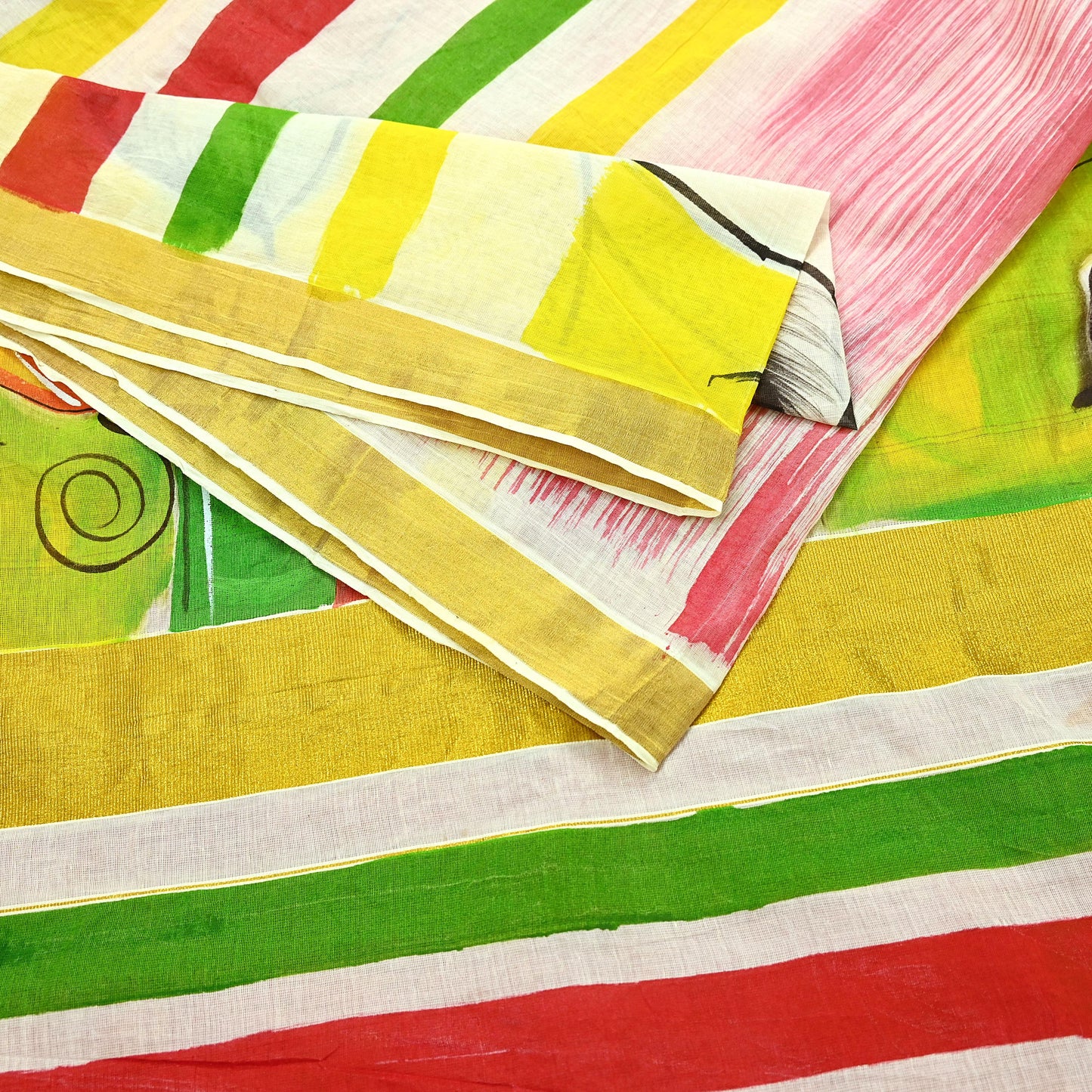 Indian Vintage Sari Hand Woven Hand Painted Sarees Pure Cotton Craft Fabric 5Yd Floral Soft Dress Making Zari Border Crafting Quilting