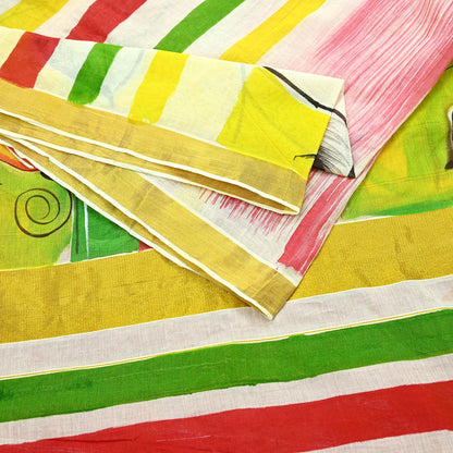 Indian Vintage Sari Hand Woven Hand Painted Sarees Pure Cotton Craft Fabric 5Yd Floral Soft Dress Making Zari Border Crafting Quilting