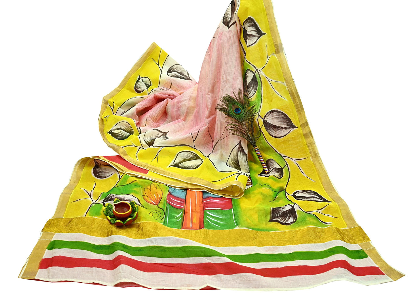 Indian Vintage Sari Hand Woven Hand Painted Sarees Pure Cotton Craft Fabric 5Yd Floral Soft Dress Making Zari Border Crafting Quilting