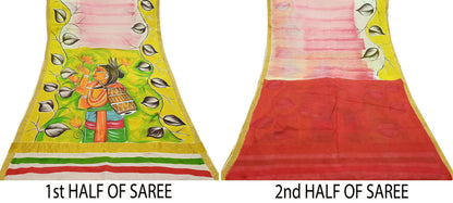 Indian Vintage Sari Hand Woven Hand Painted Sarees Pure Cotton Craft Fabric 5Yd Floral Soft Dress Making Zari Border Crafting Quilting
