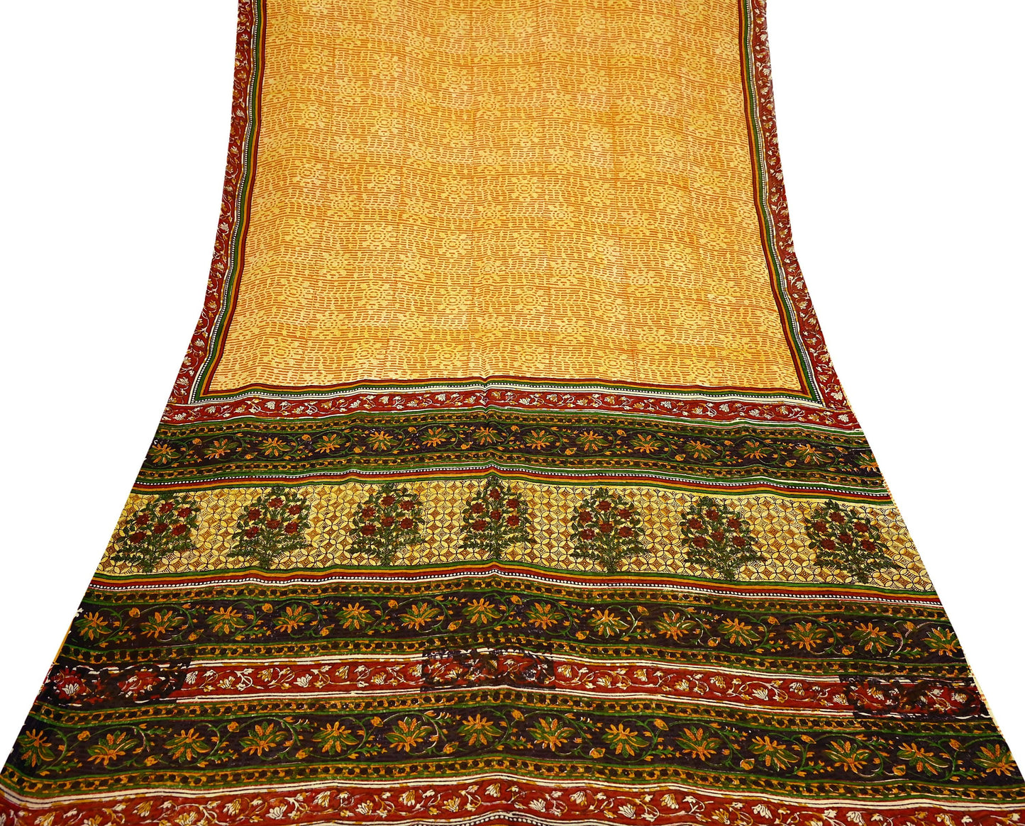 Indian Vintage Sari Saffron & Yellow 100% Pure Georgette Silk Block Printed Sarees Sewing 5yd Craft Soft Dress Designing for Crafting
