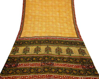 Indian Vintage Sari Saffron & Yellow 100% Pure Georgette Silk Block Printed Sarees Sewing 5yd Craft Soft Dress Designing for Crafting