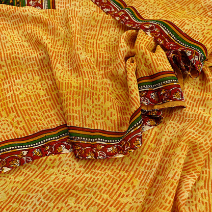 Indian Vintage Sari Saffron & Yellow 100% Pure Georgette Silk Block Printed Sarees Sewing 5yd Craft Soft Dress Designing for Crafting
