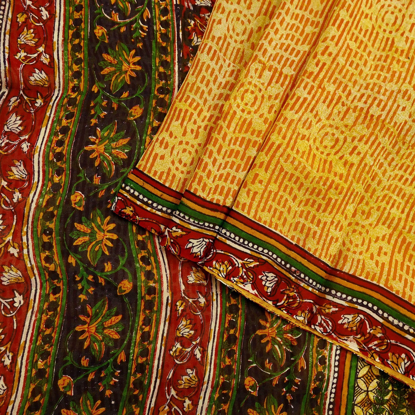 Indian Vintage Sari Saffron & Yellow 100% Pure Georgette Silk Block Printed Sarees Sewing 5yd Craft Soft Dress Designing for Crafting