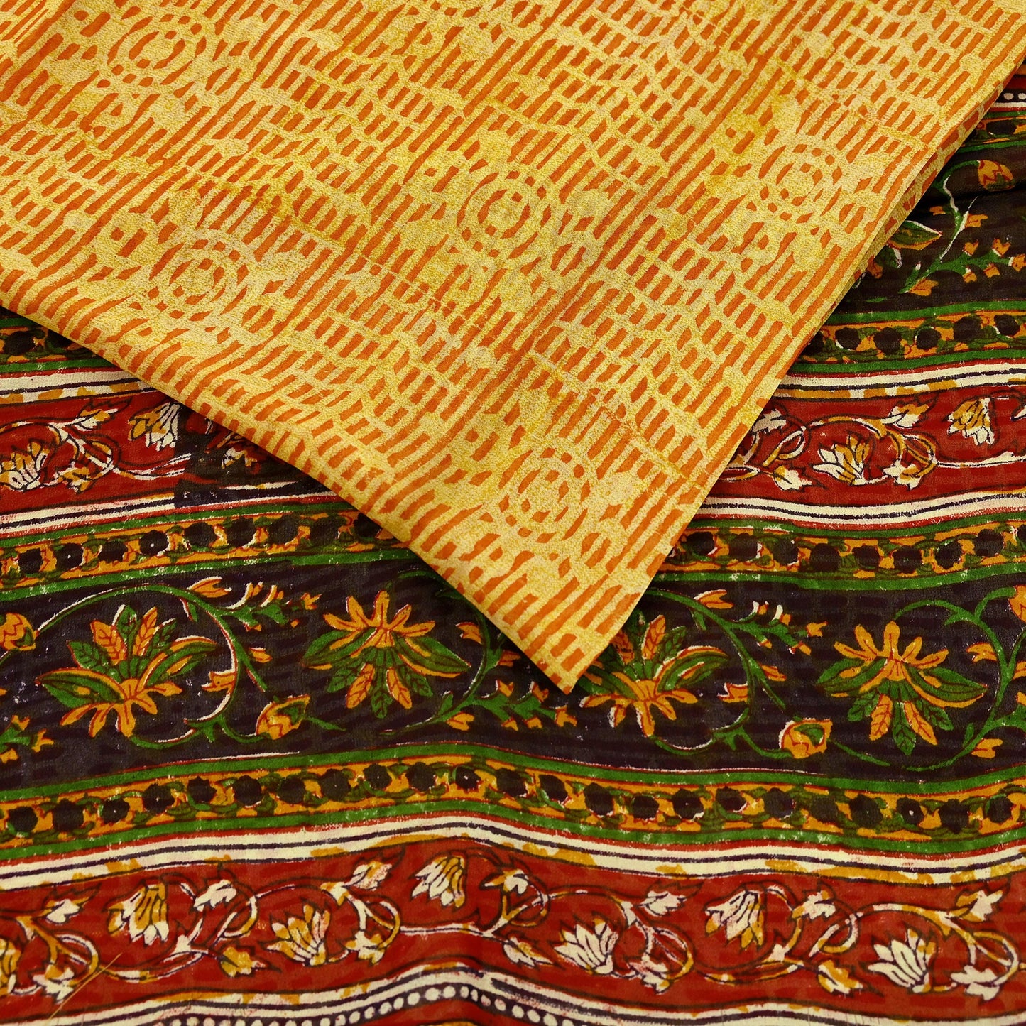 Indian Vintage Sari Saffron & Yellow 100% Pure Georgette Silk Block Printed Sarees Sewing 5yd Craft Soft Dress Designing for Crafting