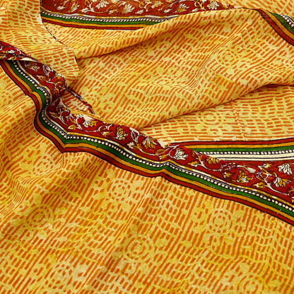 Indian Vintage Sari Saffron & Yellow 100% Pure Georgette Silk Block Printed Sarees Sewing 5yd Craft Soft Dress Designing for Crafting