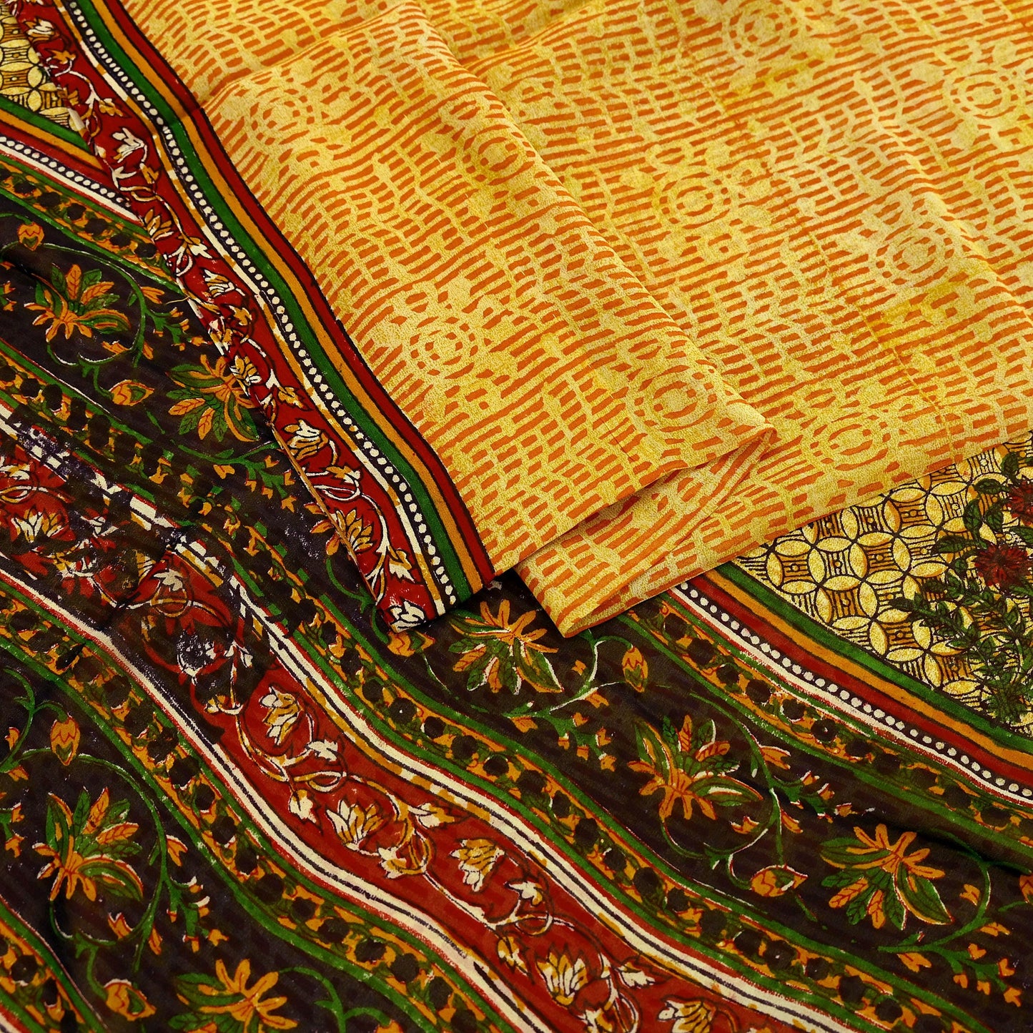Indian Vintage Sari Saffron & Yellow 100% Pure Georgette Silk Block Printed Sarees Sewing 5yd Craft Soft Dress Designing for Crafting