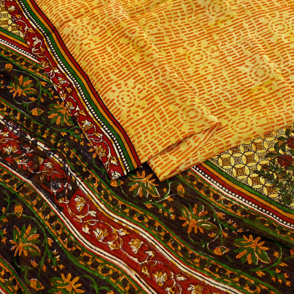 Indian Vintage Sari Saffron & Yellow 100% Pure Georgette Silk Block Printed Sarees Sewing 5yd Craft Soft Dress Designing for Crafting