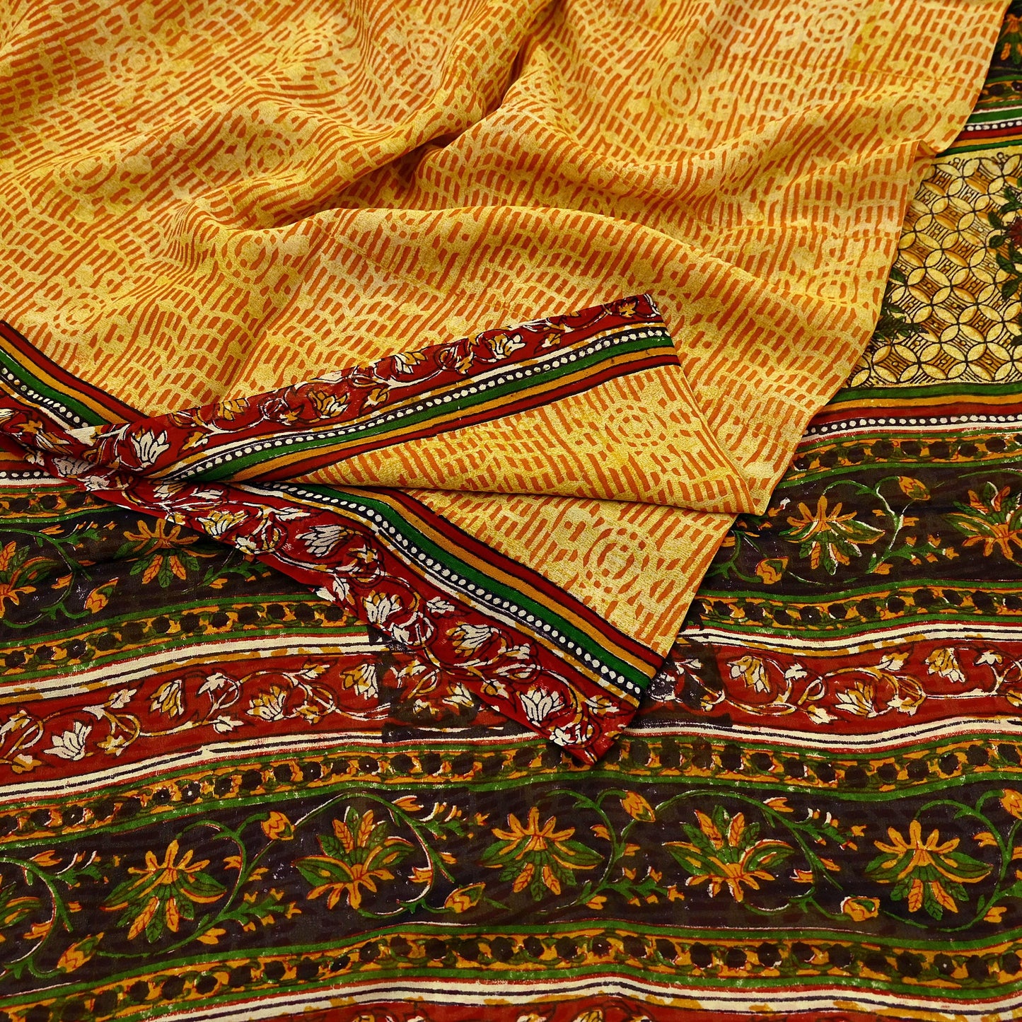 Indian Vintage Sari Saffron & Yellow 100% Pure Georgette Silk Block Printed Sarees Sewing 5yd Craft Soft Dress Designing for Crafting
