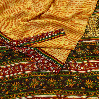 Indian Vintage Sari Saffron & Yellow 100% Pure Georgette Silk Block Printed Sarees Sewing 5yd Craft Soft Dress Designing for Crafting