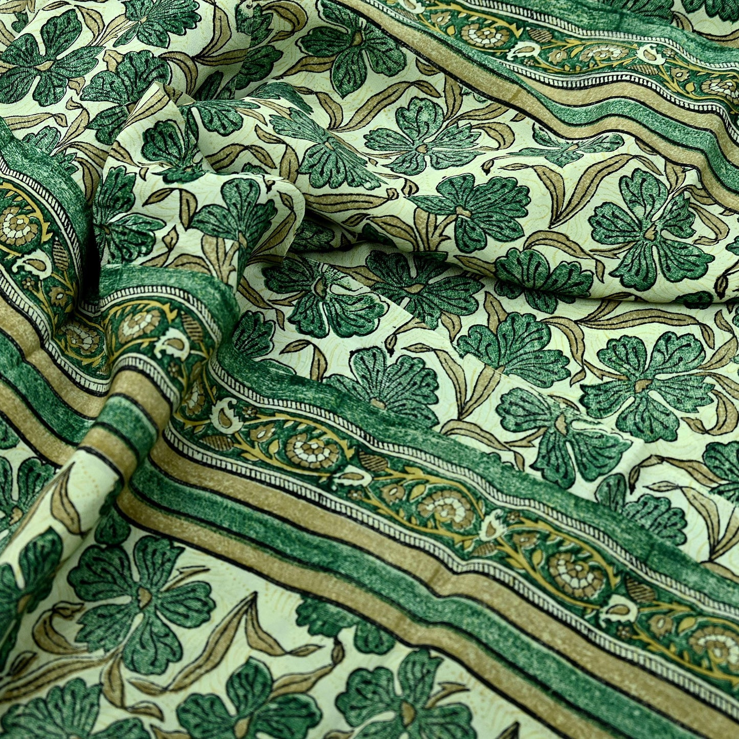 Indian Vintage Sari Green Pure Crepe Silk Block Printed Sarees 5yd Sewing Floral Craft Fabric Wrap Dress Making Crafting Quilting Upcycle