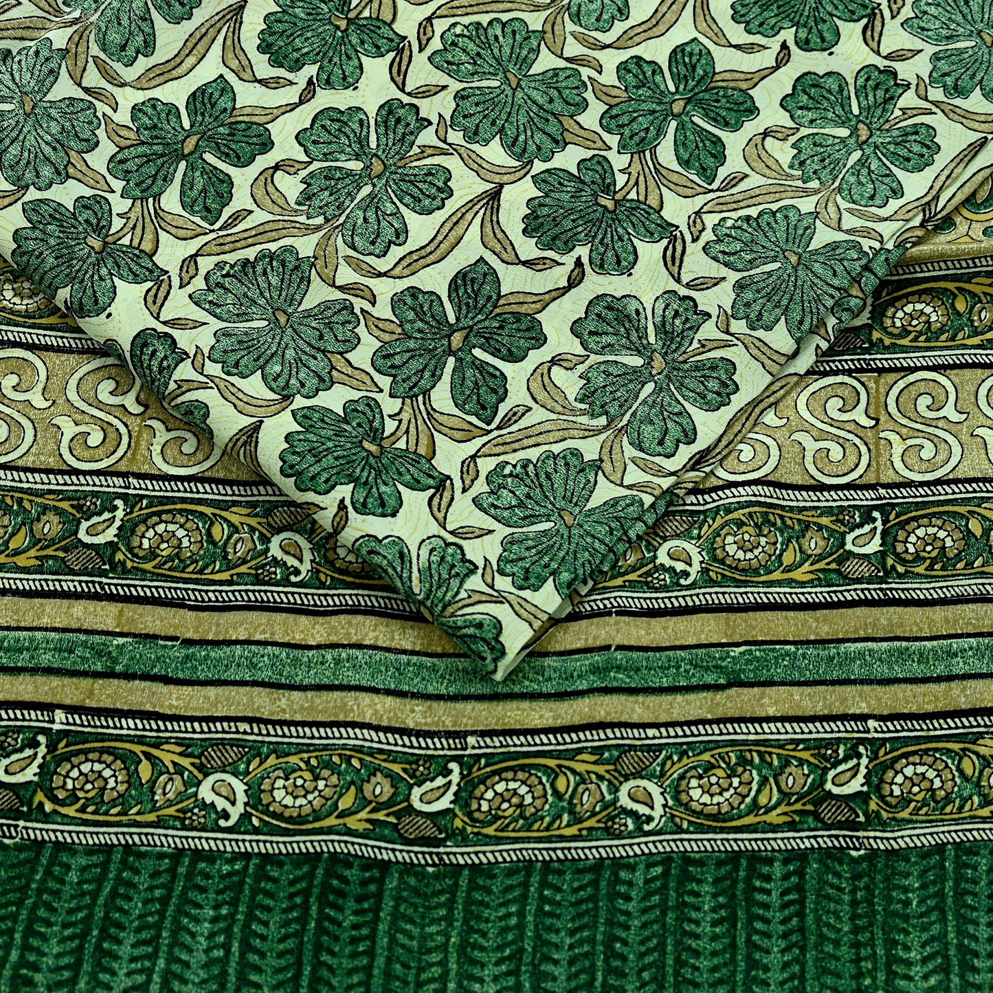 Indian Vintage Sari Green Pure Crepe Silk Block Printed Sarees 5yd Sewing Floral Craft Fabric Wrap Dress Making Crafting Quilting Upcycle