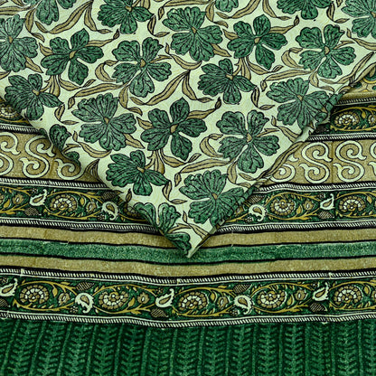 Indian Vintage Sari Green Pure Crepe Silk Block Printed Sarees 5yd Sewing Floral Craft Fabric Wrap Dress Making Crafting Quilting Upcycle