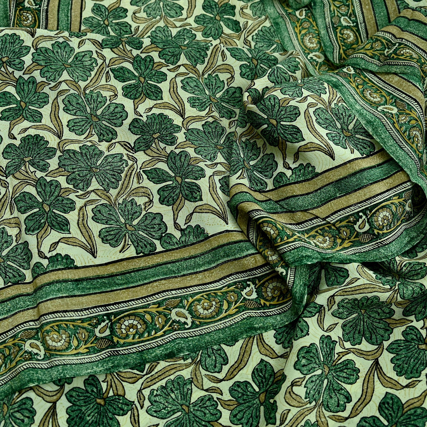 Indian Vintage Sari Green Pure Crepe Silk Block Printed Sarees 5yd Sewing Floral Craft Fabric Wrap Dress Making Crafting Quilting Upcycle