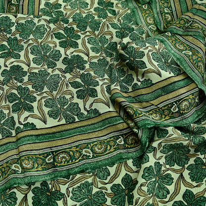 Indian Vintage Sari Green Pure Crepe Silk Block Printed Sarees 5yd Sewing Floral Craft Fabric Wrap Dress Making Crafting Quilting Upcycle