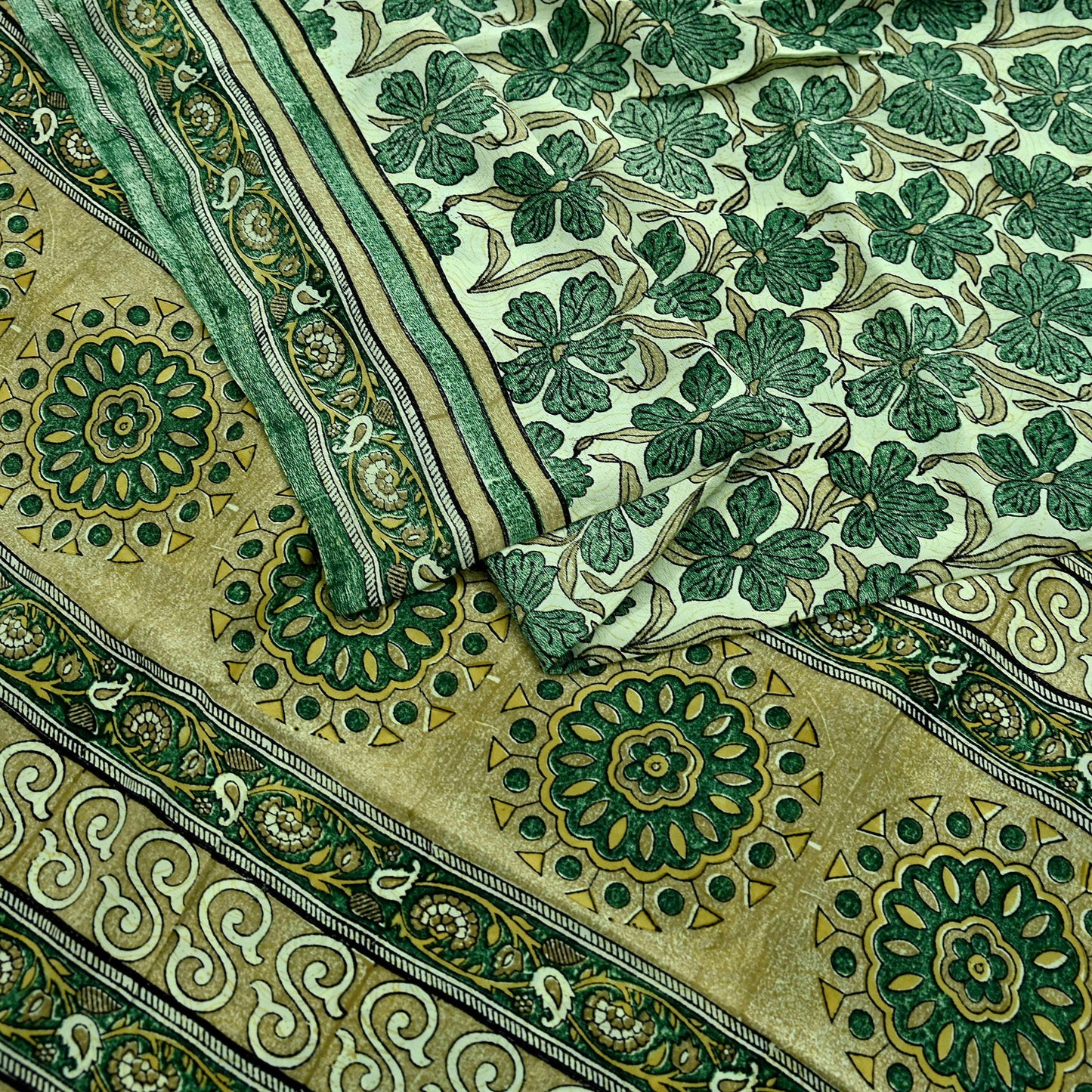 Indian Vintage Sari Green Pure Crepe Silk Block Printed Sarees 5yd Sewing Floral Craft Fabric Wrap Dress Making Crafting Quilting Upcycle