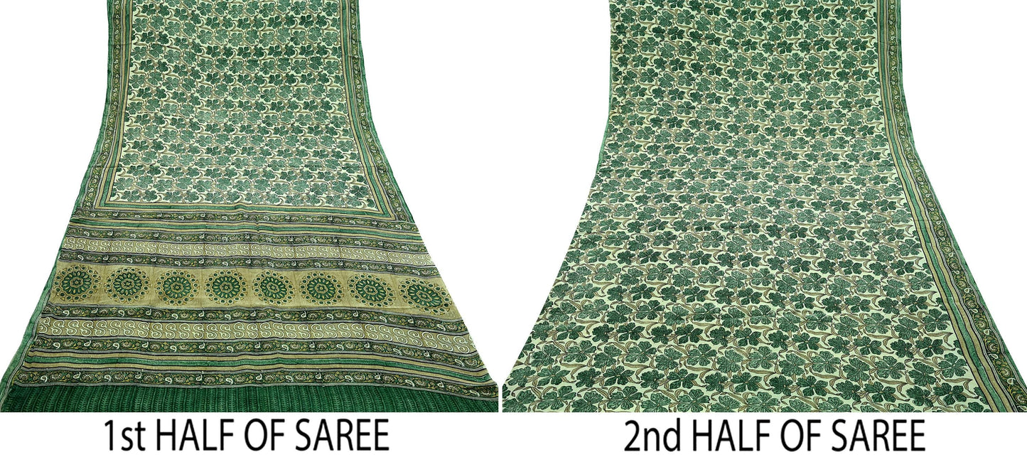 Indian Vintage Sari Green Pure Crepe Silk Block Printed Sarees 5yd Sewing Floral Craft Fabric Wrap Dress Making Crafting Quilting Upcycle