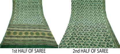 Indian Vintage Sari Green Pure Crepe Silk Block Printed Sarees 5yd Sewing Floral Craft Fabric Wrap Dress Making Crafting Quilting Upcycle