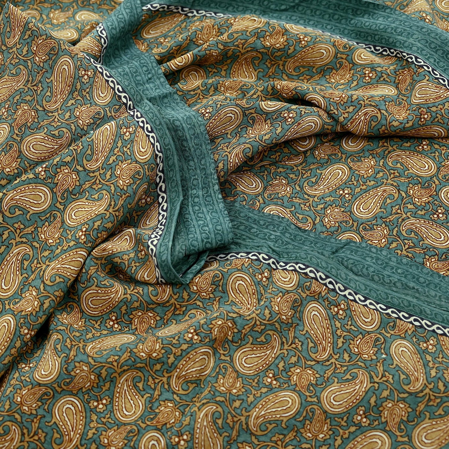 Indian Vintage Sari Green & Beige Pure Crepe Silk Printed Sarees 5yd Sewing Soft Craft Fabric Wrap Upcycle Quilting Crafting Dress making