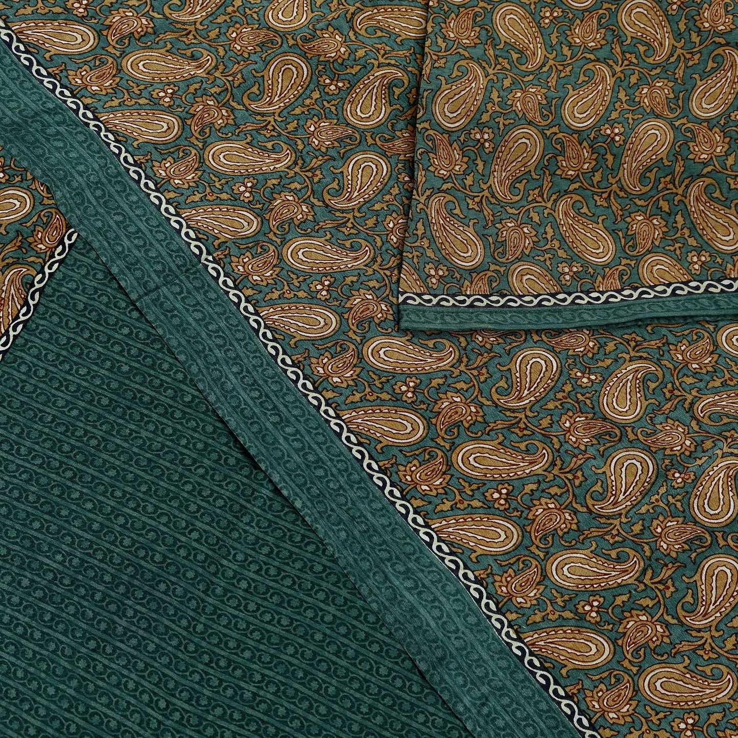 Indian Vintage Sari Green & Beige Pure Crepe Silk Printed Sarees 5yd Sewing Soft Craft Fabric Wrap Upcycle Quilting Crafting Dress making