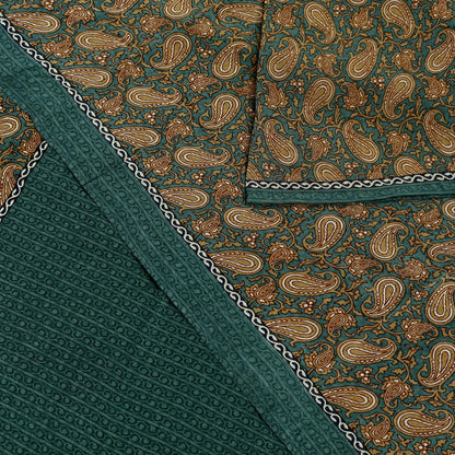 Indian Vintage Sari Green & Beige Pure Crepe Silk Printed Sarees 5yd Sewing Soft Craft Fabric Wrap Upcycle Quilting Crafting Dress making