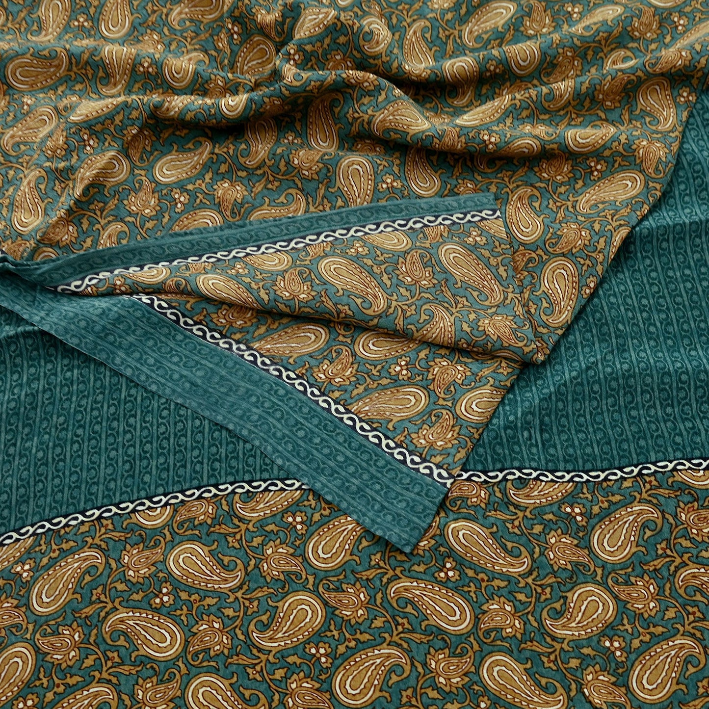 Indian Vintage Sari Green & Beige Pure Crepe Silk Printed Sarees 5yd Sewing Soft Craft Fabric Wrap Upcycle Quilting Crafting Dress making