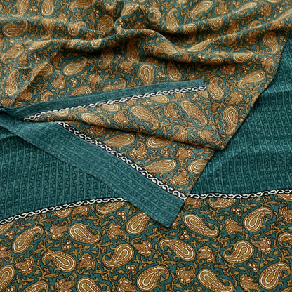 Indian Vintage Sari Green & Beige Pure Crepe Silk Printed Sarees 5yd Sewing Soft Craft Fabric Wrap Upcycle Quilting Crafting Dress making