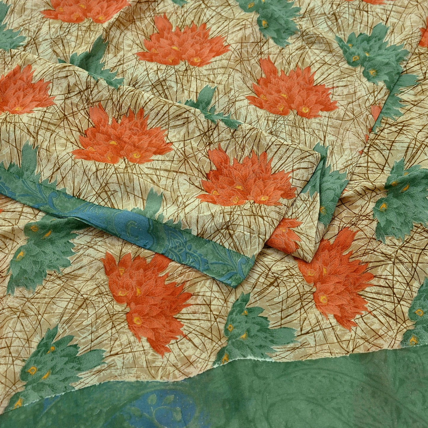 Indian Vintage Green & Beige Saree Pure Georgette Silk Printed Sari Craft Fabric Sewing 5Yard Soft Light Dress Making Floral