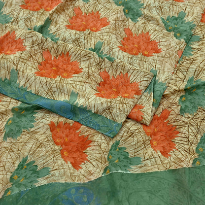 Indian Vintage Green & Beige Saree Pure Georgette Silk Printed Sari Craft Fabric Sewing 5Yard Soft Light Dress Making Floral