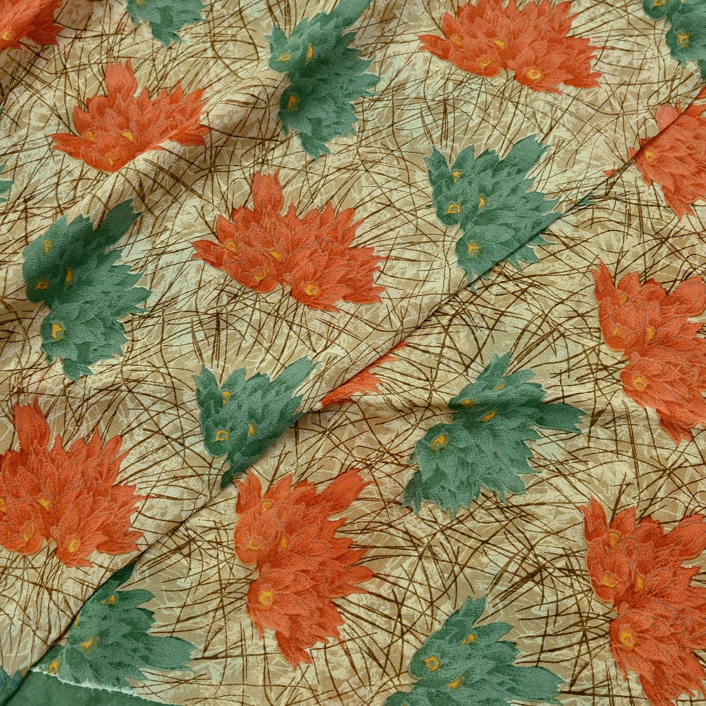 Indian Vintage Green & Beige Saree Pure Georgette Silk Printed Sari Craft Fabric Sewing 5Yard Soft Light Dress Making Floral