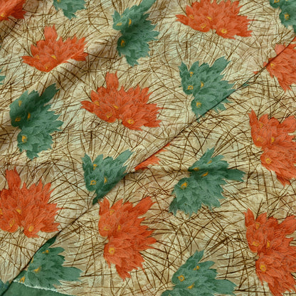 Indian Vintage Green & Beige Saree Pure Georgette Silk Printed Sari Craft Fabric Sewing 5Yard Soft Light Dress Making Floral