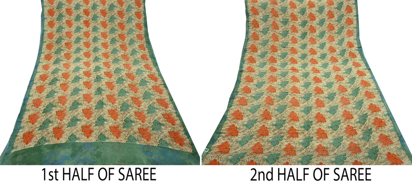Indian Vintage Green & Beige Saree Pure Georgette Silk Printed Sari Craft Fabric Sewing 5Yard Soft Light Dress Making Floral