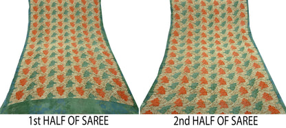 Indian Vintage Green & Beige Saree Pure Georgette Silk Printed Sari Craft Fabric Sewing 5Yard Soft Light Dress Making Floral