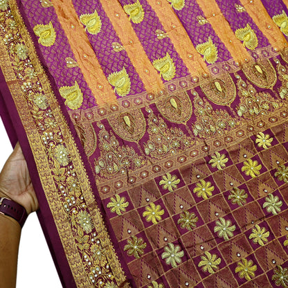 Indian Vintage Heavy Hand woven Kanjivaram Saree 100% Pure Silk Sari Metallic Golden Zari 5Yd Floral Crafting Dress making Fringes