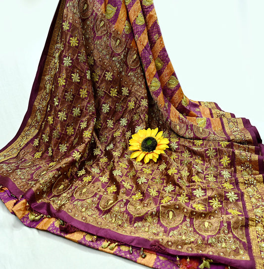 Indian Vintage Heavy Hand woven Kanjivaram Saree 100% Pure Silk Sari Metallic Golden Zari 5Yd Floral Crafting Dress making Fringes