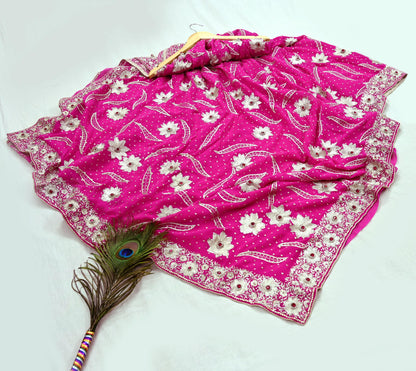 Indian Pre-owned Heavy Sari Rani Pink Pure Georgette Silk Hand Embroidered Sarees Designer Abu Jani 6Yd Sewing Ethnic Sarees